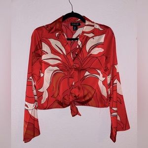 Rachel Zoe Red White Floral Tie-Front Blouse
